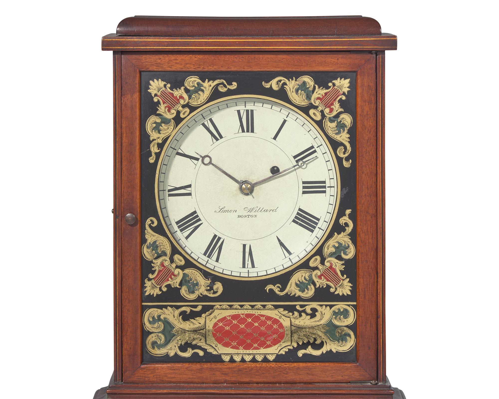 A Federal Inlaid Mahogany And Eglomise Shelf Clock