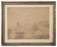 American School 19th Century, A Pencil Sketch Of A Paddle Steamer Shipwreck