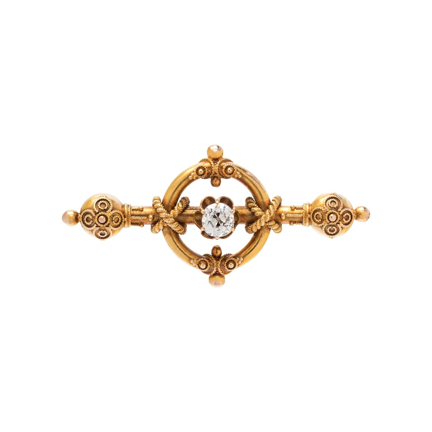 ETRUSCAN REVIVAL, YELLOW GOLD AND DIAMOND BROOCH