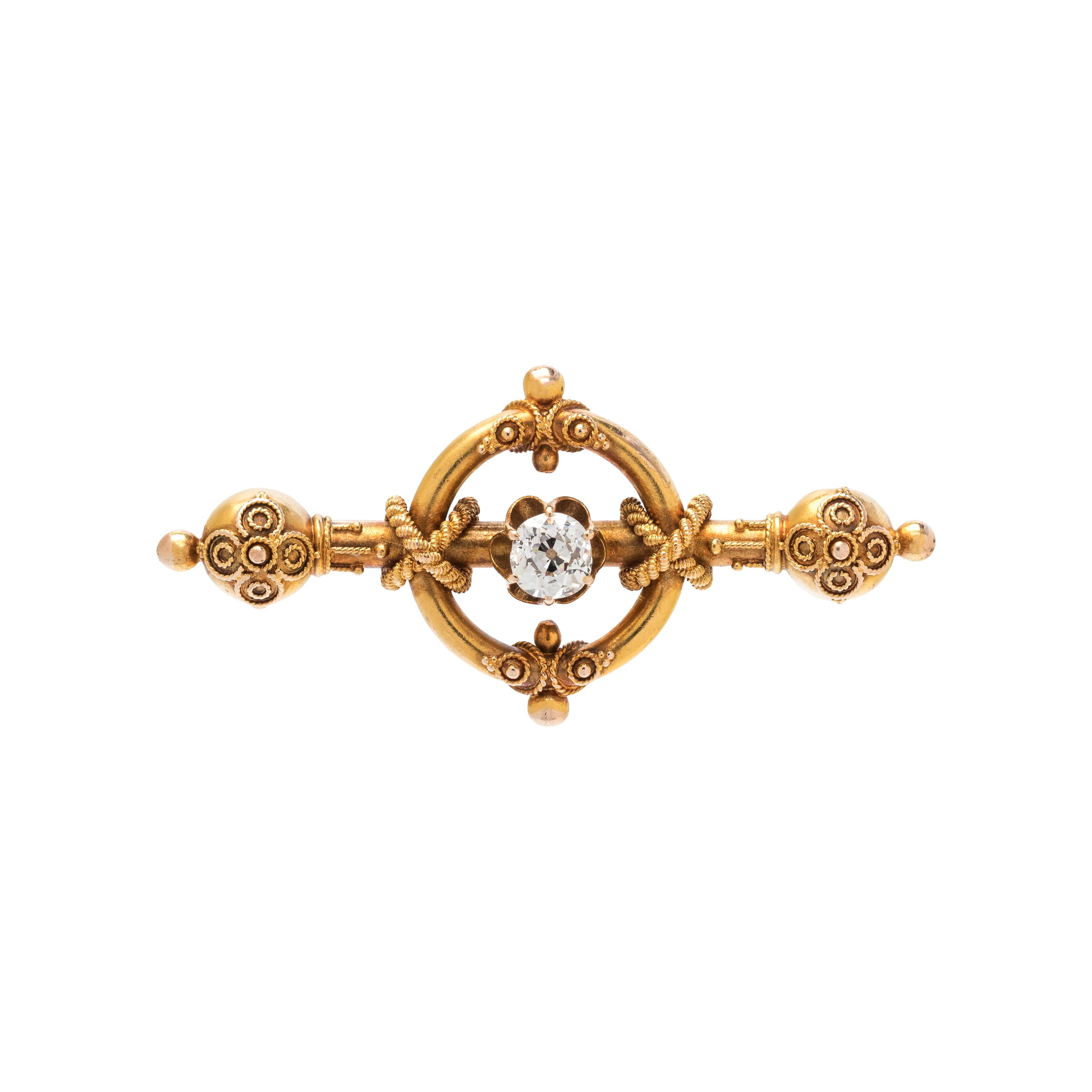 ETRUSCAN REVIVAL, YELLOW GOLD AND DIAMOND BROOCH
