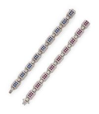 JUDITH RIPKA, DIAMOND AND PINK SAPPHIRE BRACELET AND MATCHING SAPPHIRE BRACELET