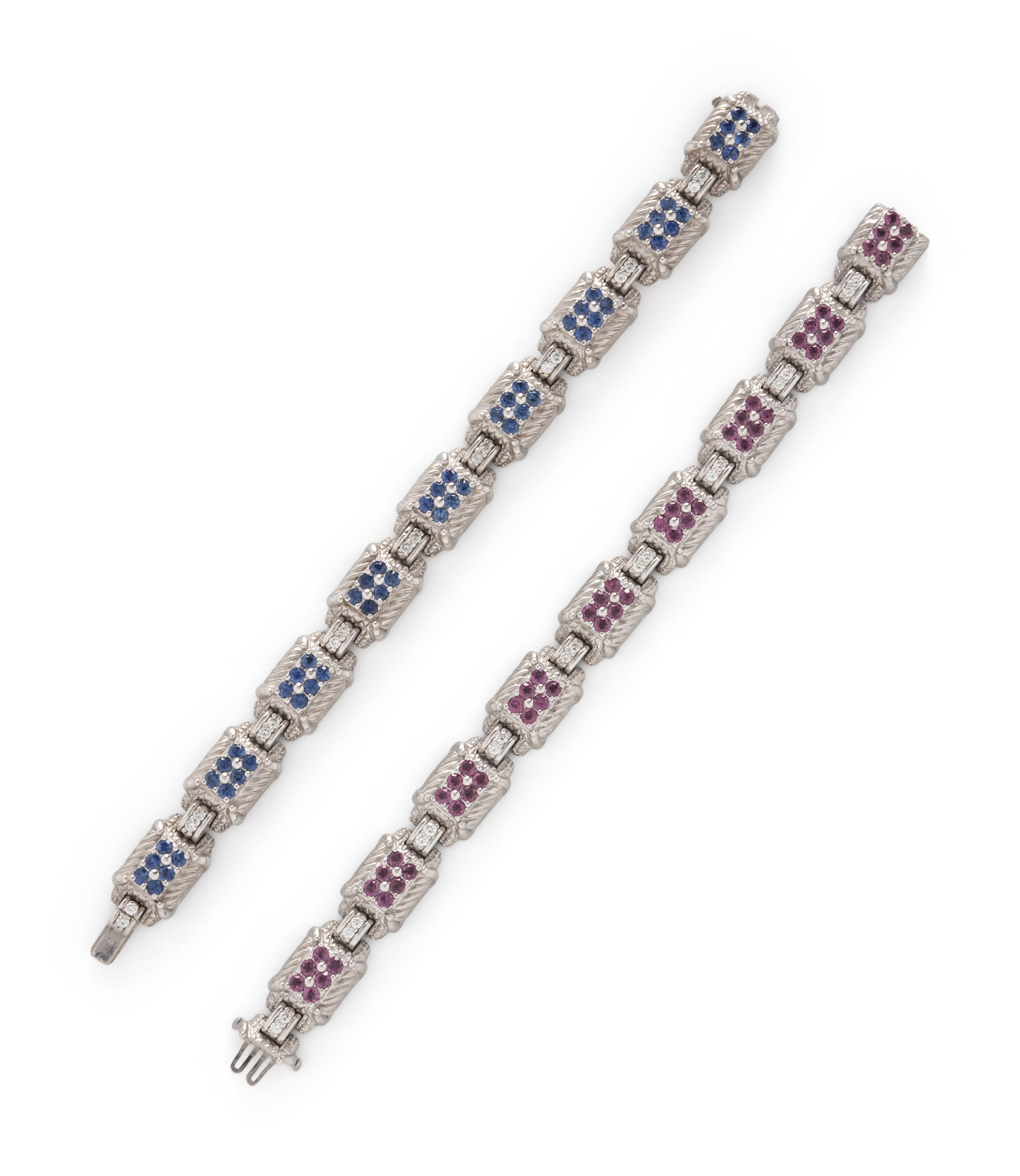 JUDITH RIPKA, DIAMOND AND PINK SAPPHIRE BRACELET AND MATCHING SAPPHIRE BRACELET