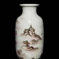 A Pair of Small Chinese Grisaille Decorated 'Landscape' Porcelain Vases, Early-Mid 20th Century — 近代 墨彩山水圖燈籠瓶一對 帶木座