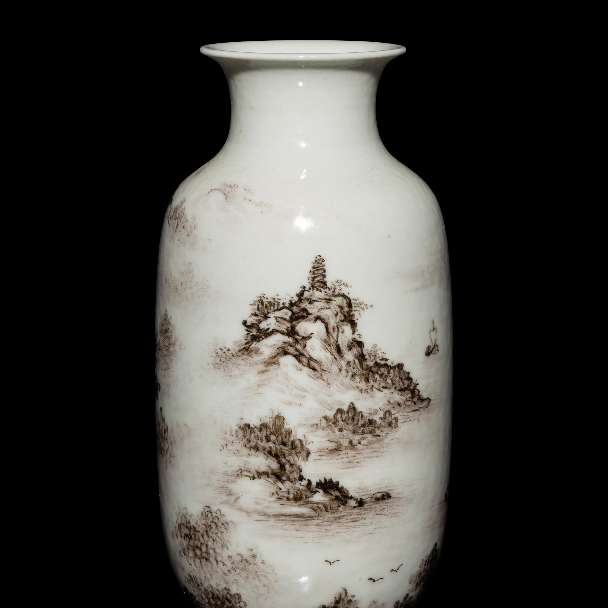 A Pair of Small Chinese Grisaille Decorated 'Landscape' Porcelain Vases, Early-Mid 20th Century — 近代 墨彩山水圖燈籠瓶一對 帶木座