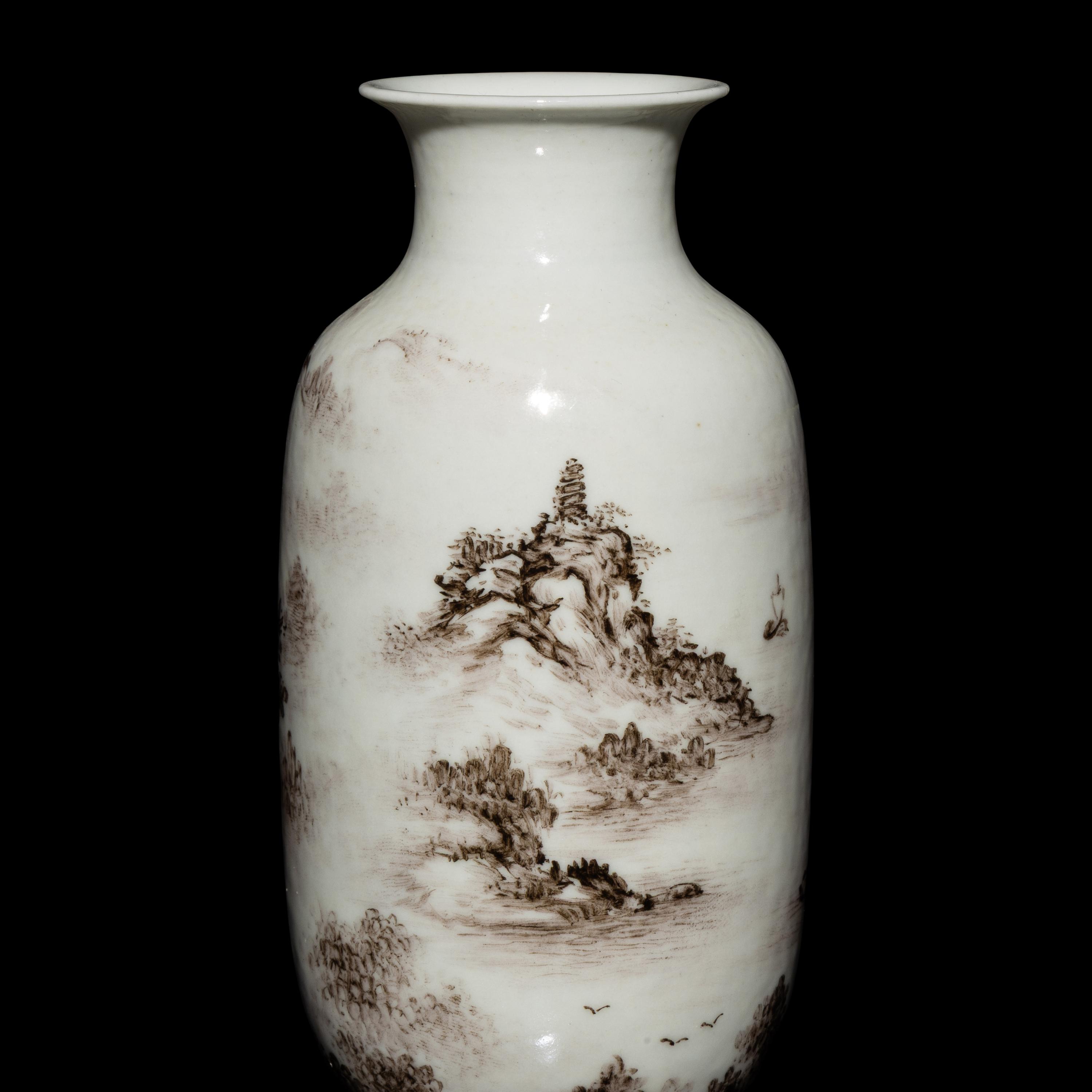 A Pair of Small Chinese Grisaille Decorated 'Landscape' Porcelain Vases, Early-Mid 20th Century — 近代 墨彩山水圖燈籠瓶一對 帶木座