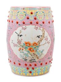 A Chinese Pink Ground Famille Rose Porcelain Garden Stool