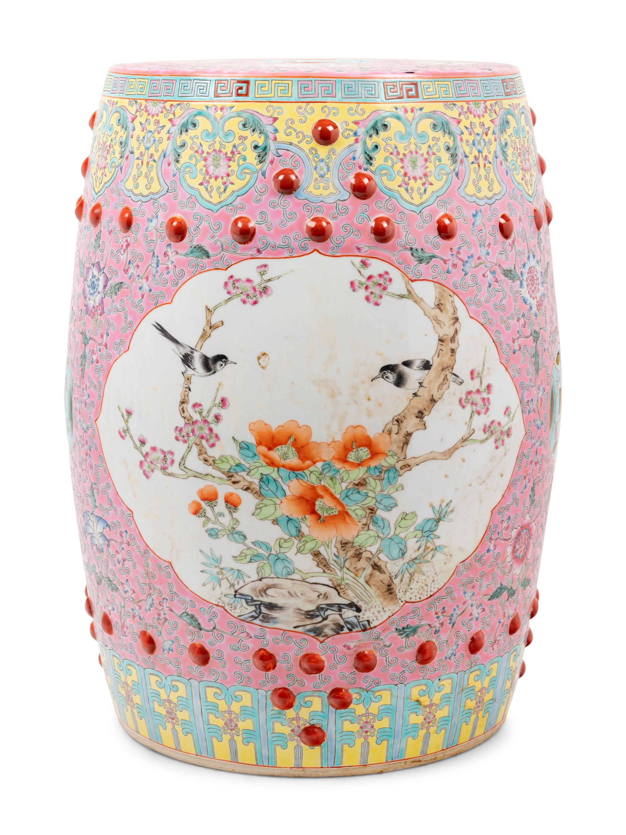 A Chinese Pink Ground Famille Rose Porcelain Garden Stool