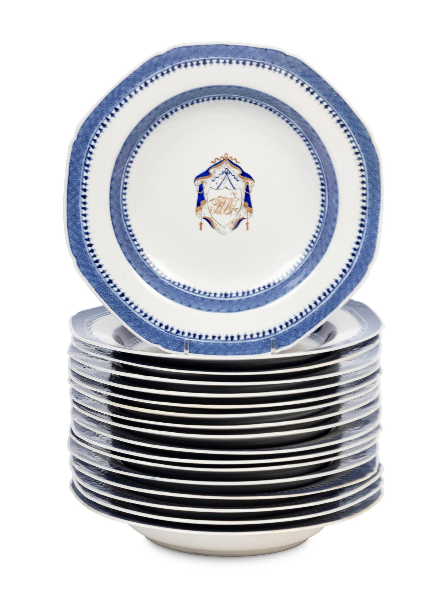 An Assembled Chinese Export Parcel-Gilt Blue and White Porcelain Dinner Service
