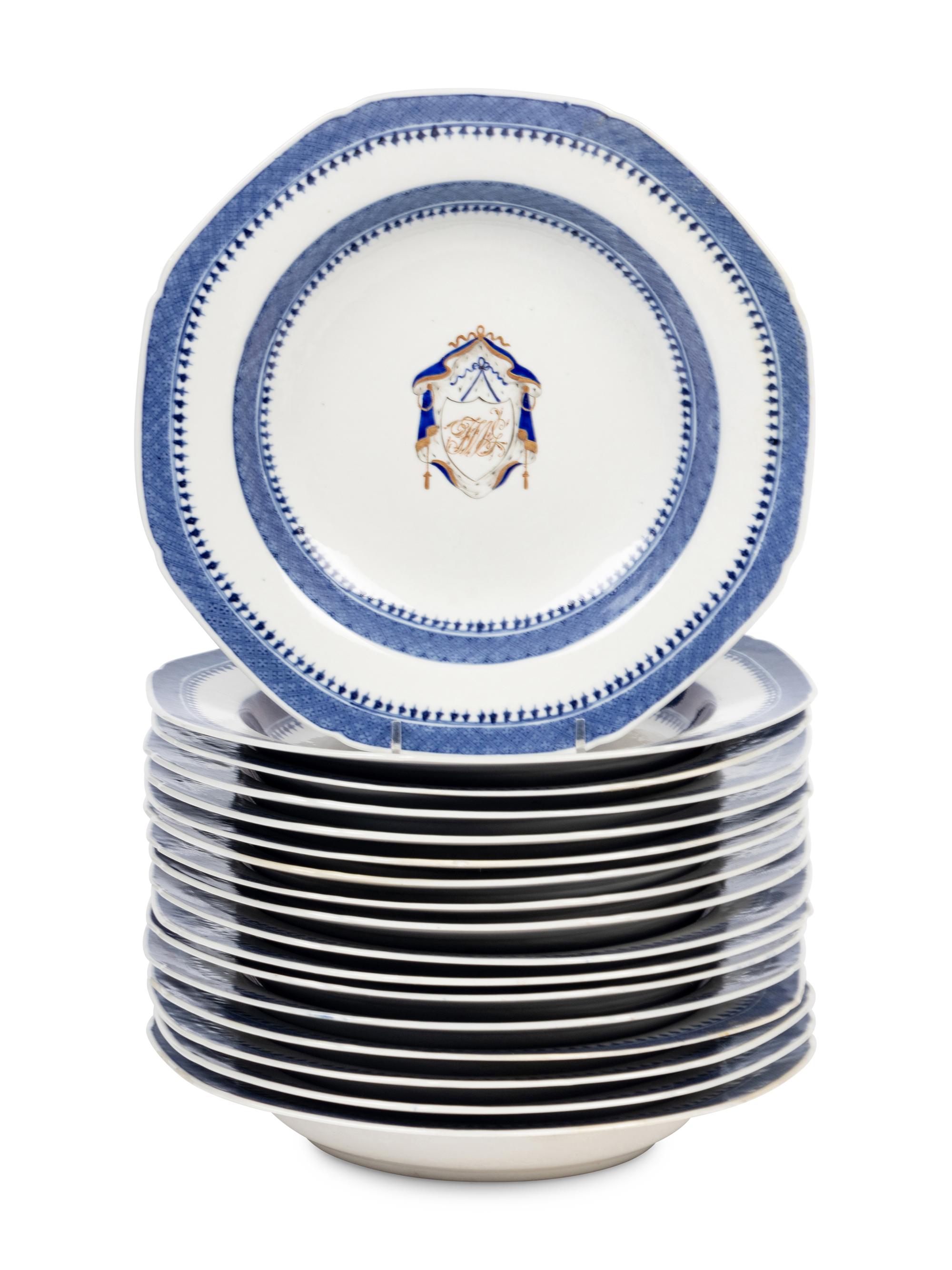 An Assembled Chinese Export Parcel-Gilt Blue and White Porcelain Dinner Service