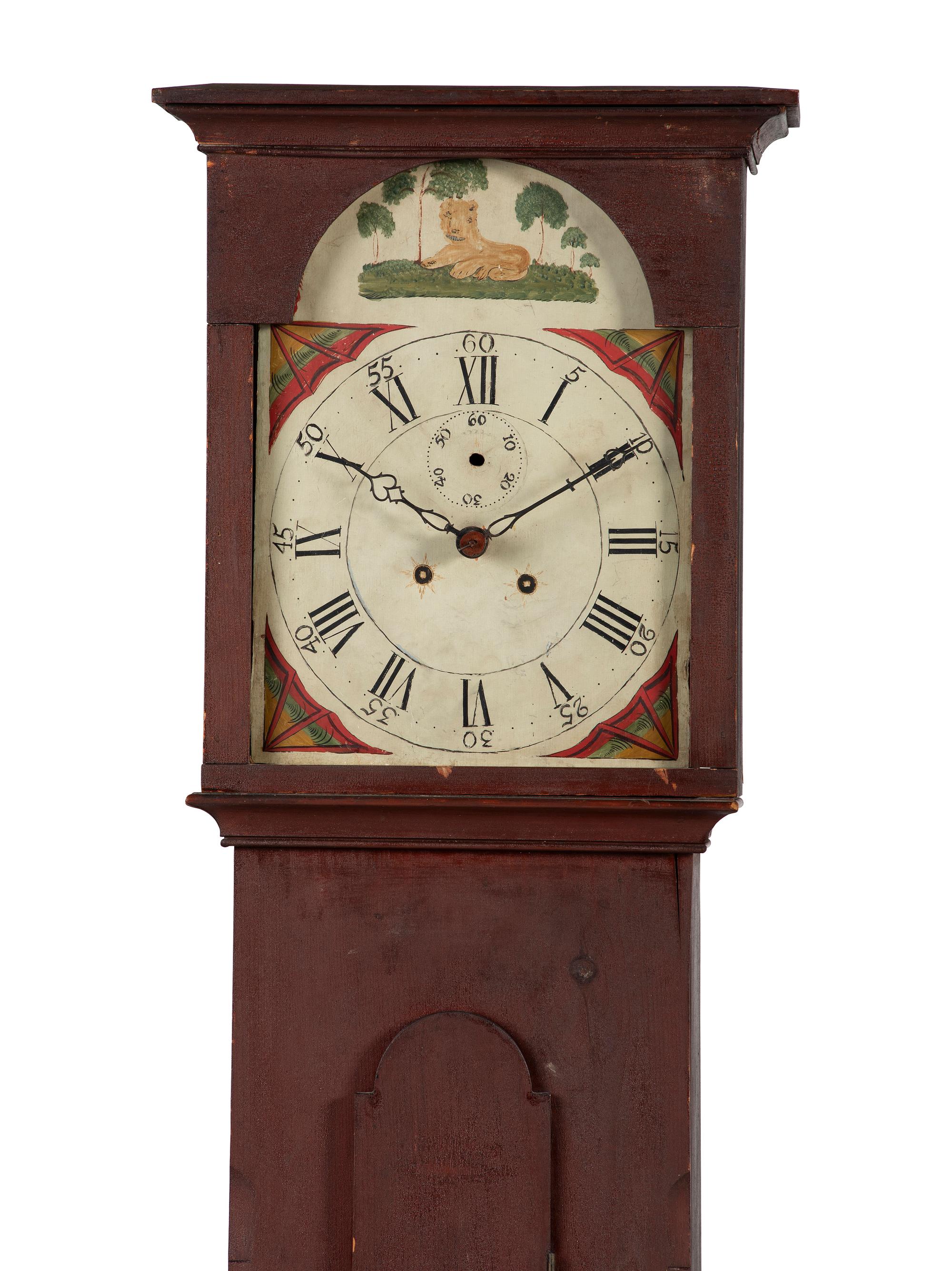 A Country Chippendale Red Painted Pine Wooden Works Tall Case Clock