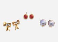 A Collection of 14K Yellow Gold and Gemstone Earrings