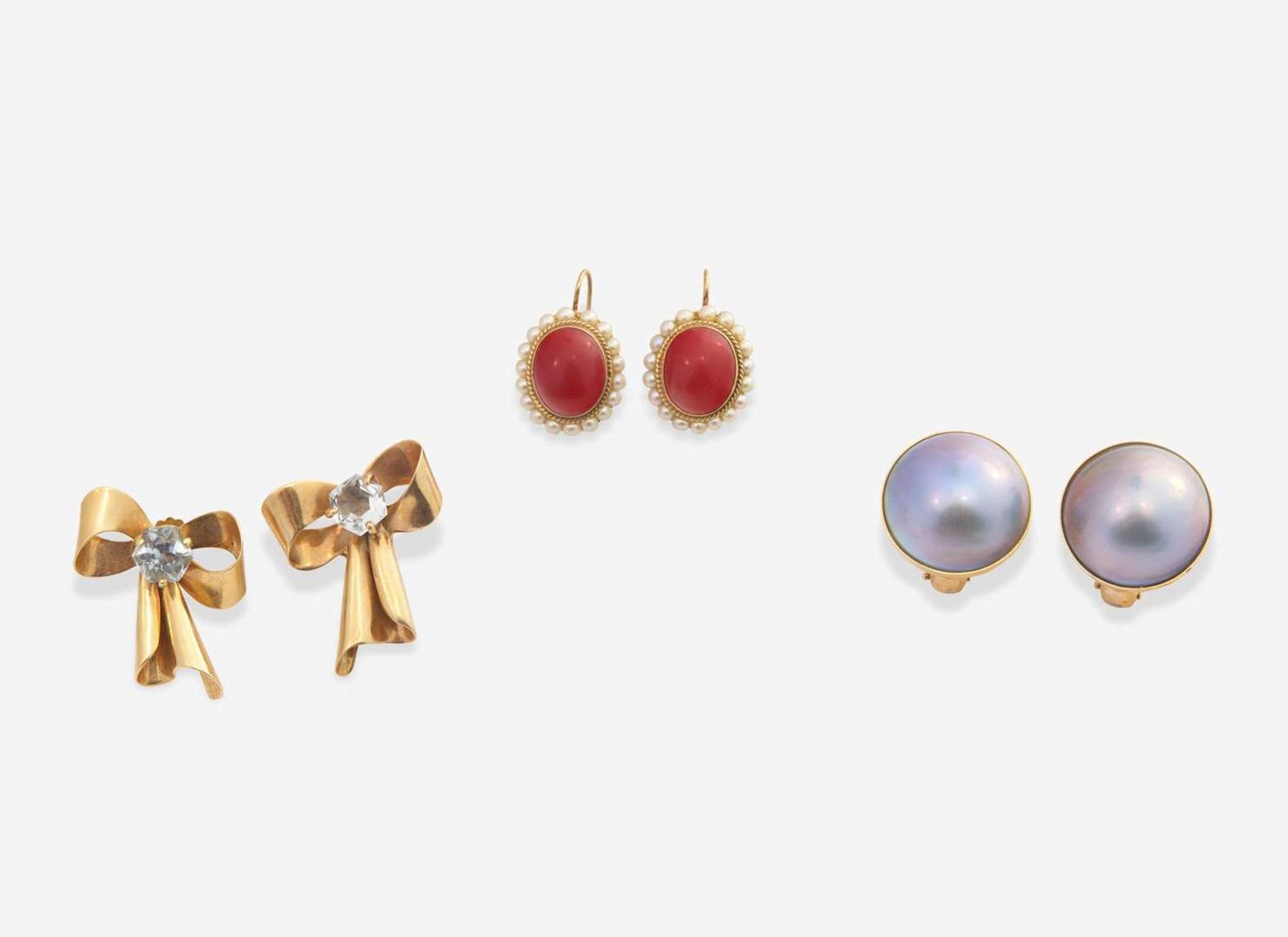 A Collection of 14K Yellow Gold and Gemstone Earrings