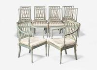 A Set of Ten George III Green and White Painted and Parcel Gilt Lattice Back Dining Chairs