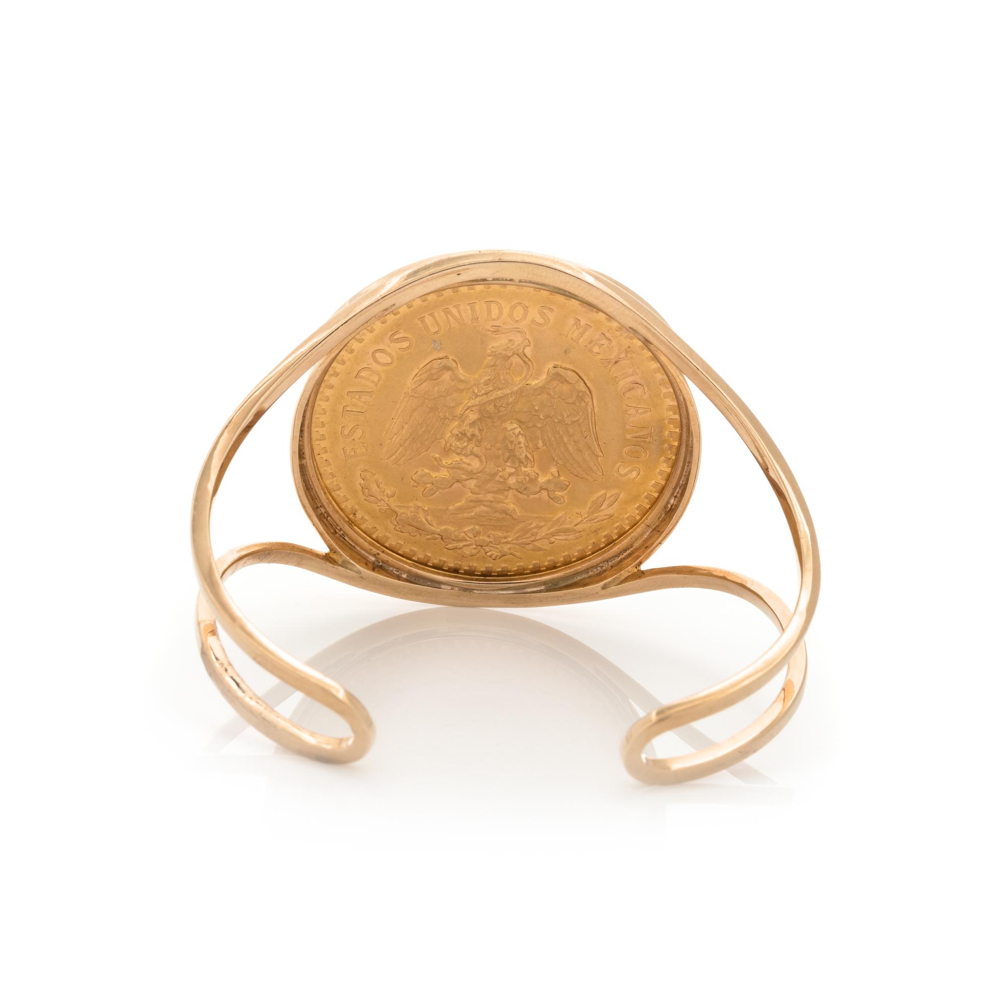 YELLOW GOLD AND MEXICAN 50 PESOS COIN CUFF BRACELET