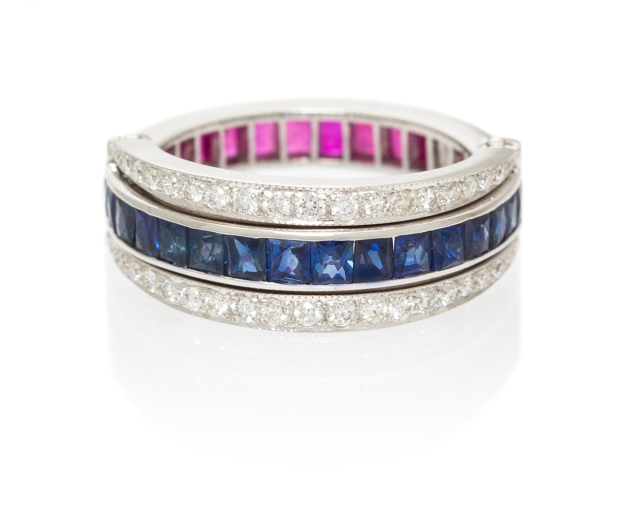 An 18 Karat White Gold, Ruby, Sapphire and Diamond Eternity Flip Ring, 3.50 dwts.