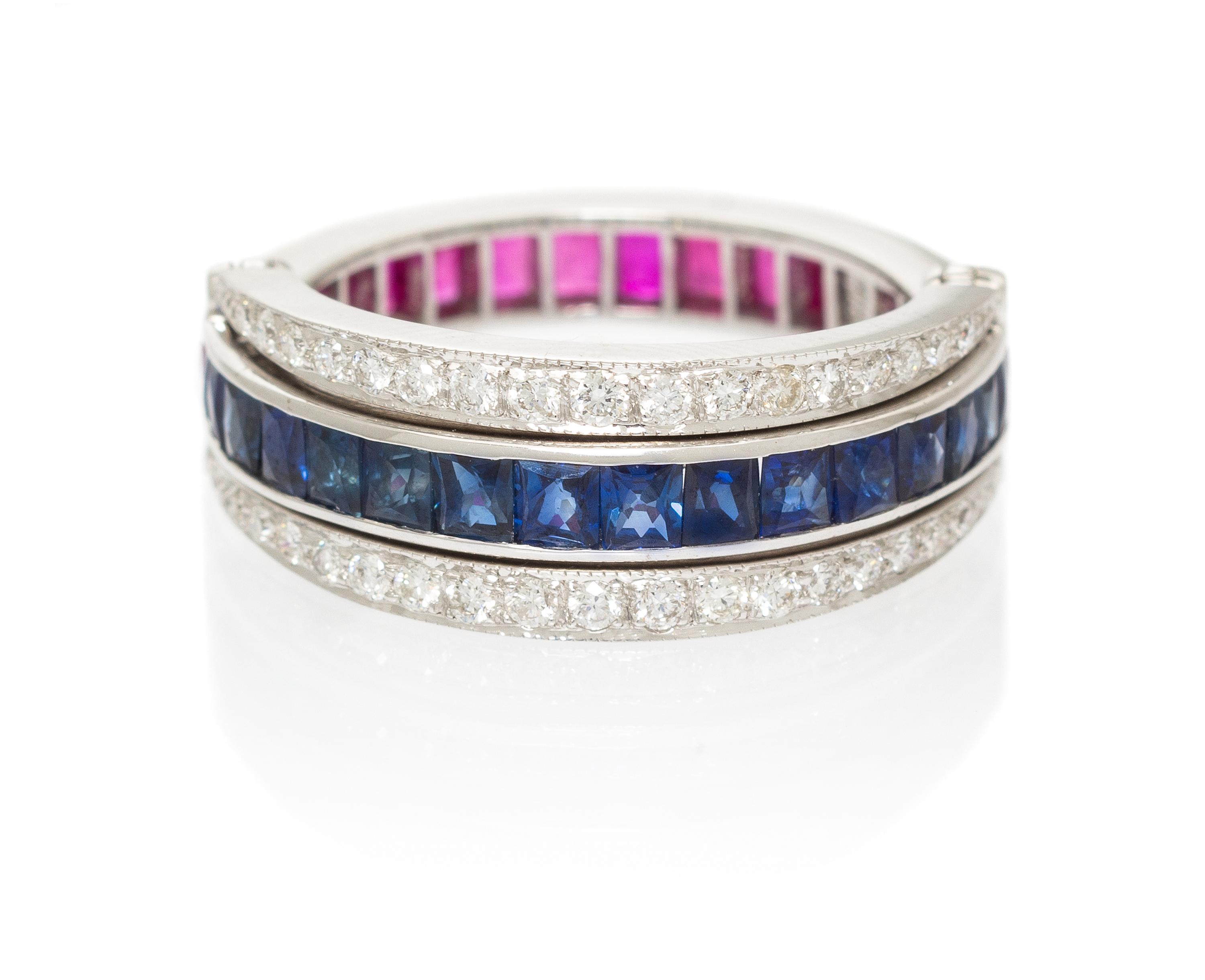An 18 Karat White Gold, Ruby, Sapphire and Diamond Eternity Flip Ring, 3.50 dwts.