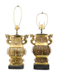 A Pair of Chinese Bronze Archaistic Bronze Hu Vases