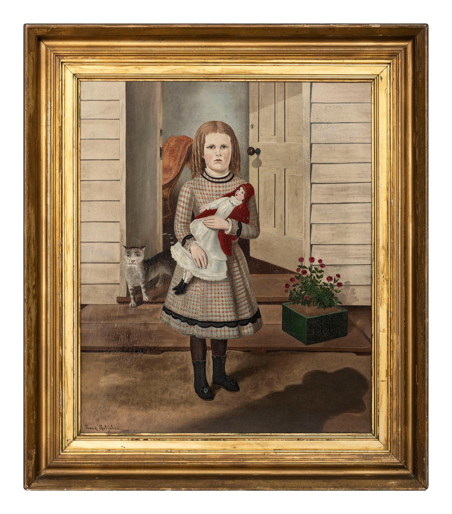 Portrait of a Girl in Plaid Dress with Doll and Cat