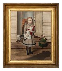 Portrait of a Girl in Plaid Dress with Doll and Cat