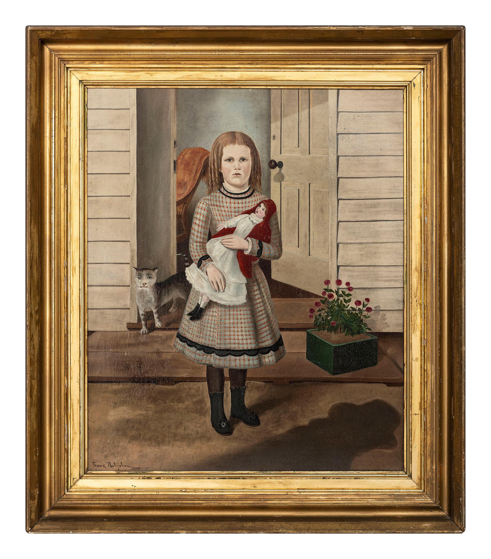 Portrait of a Girl in Plaid Dress with Doll and Cat