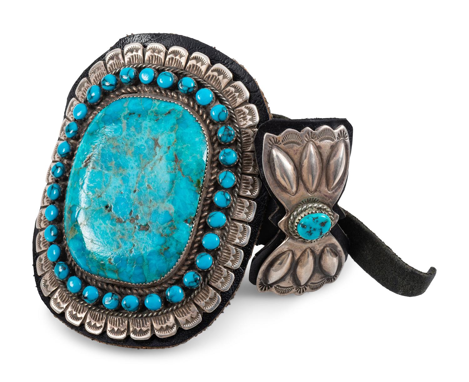 Navajo Sterling Silver Ketoh, with Large Turquoise Cabochon and Turquoise Clusters