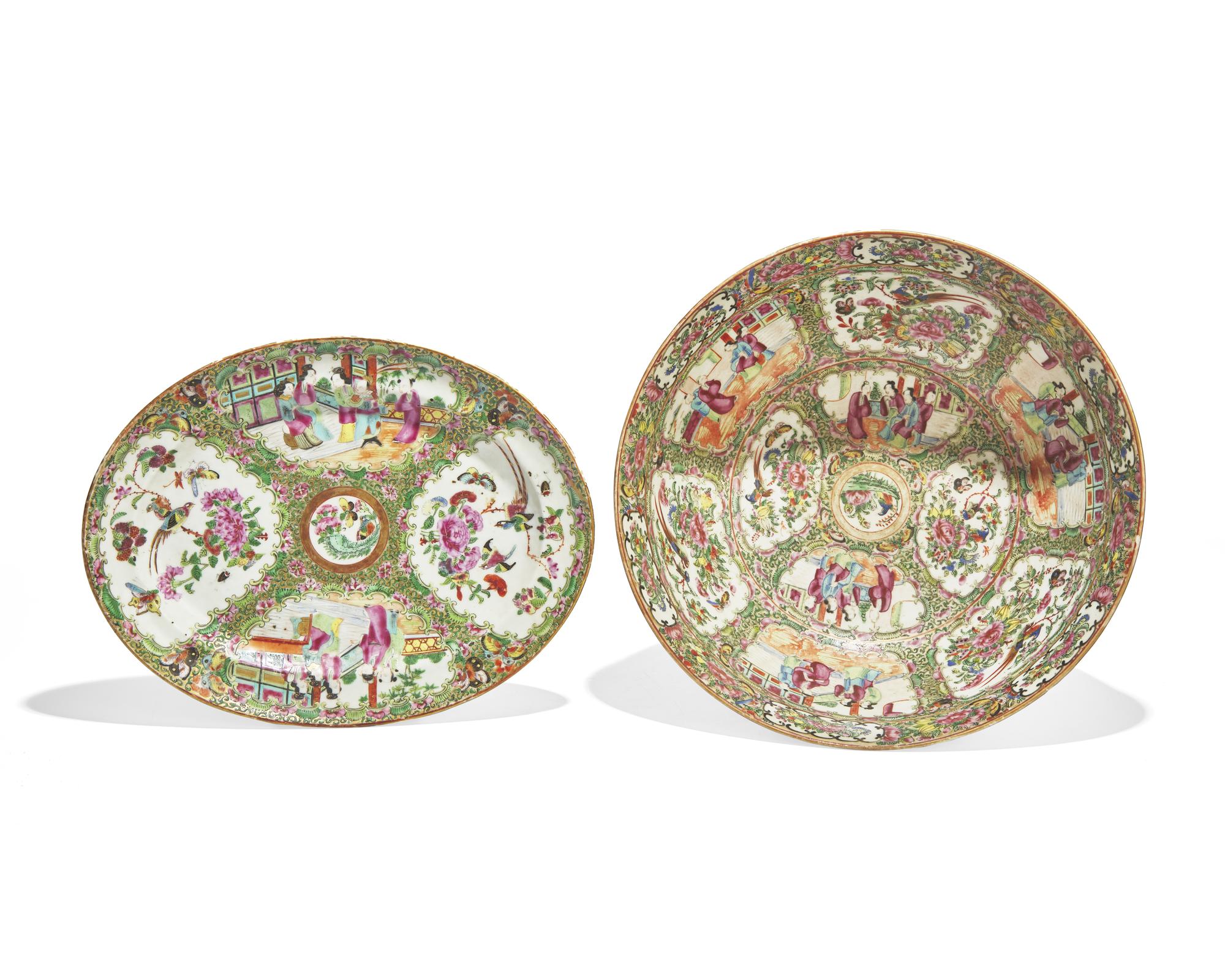 A Chinese Export Rose Medallion Porcelain Punch Bowl and Small Oval Platter