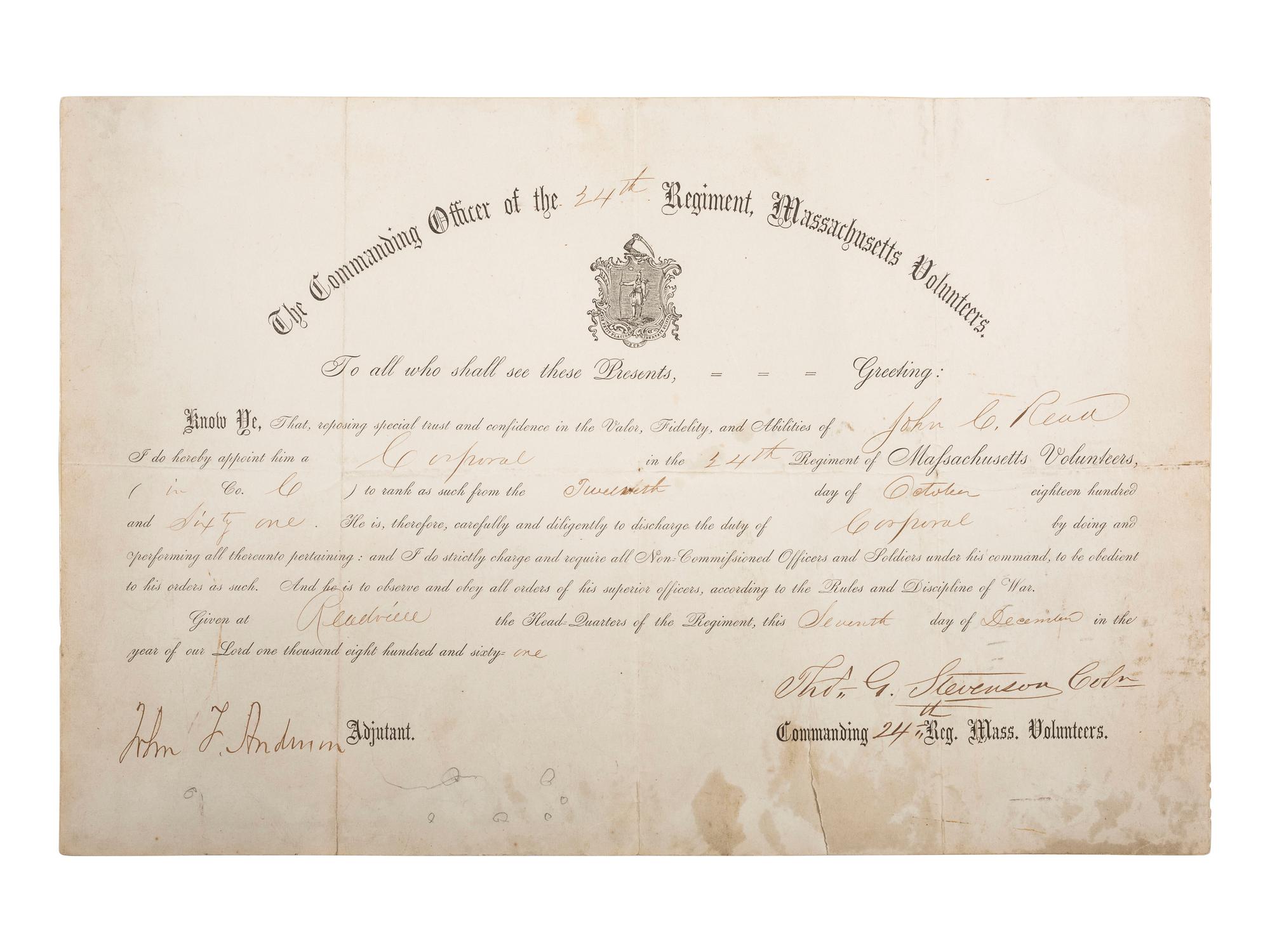[CIVIL WAR]. Appointment signed by Brig. Gen. Thomas G. Stevenson as Colonel, 24th Mass., KIA.