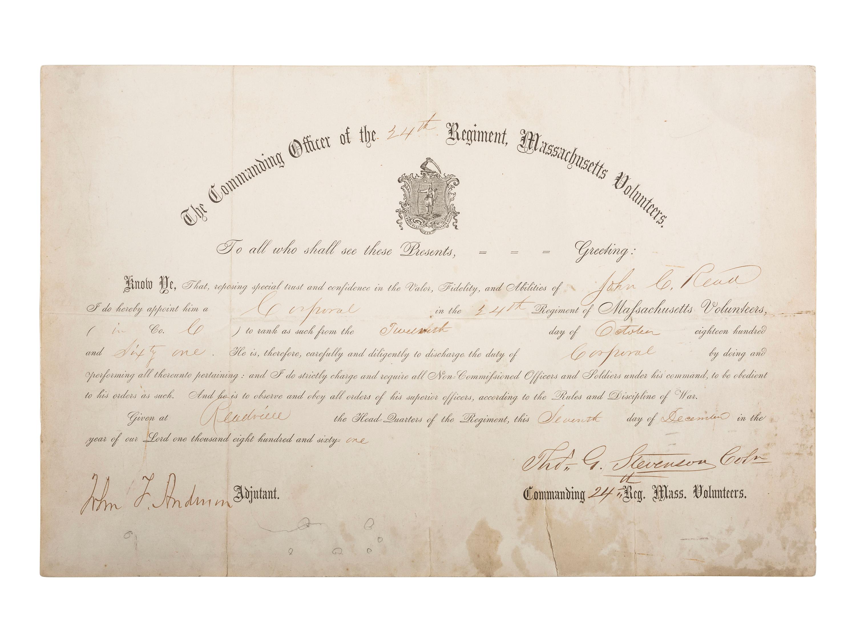 [CIVIL WAR]. Appointment signed by Brig. Gen. Thomas G. Stevenson as Colonel, 24th Mass., KIA.