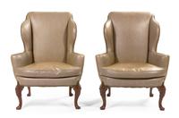 A Pair of George II Style Wing Back Chairs, Height 42 1/2 inches.
