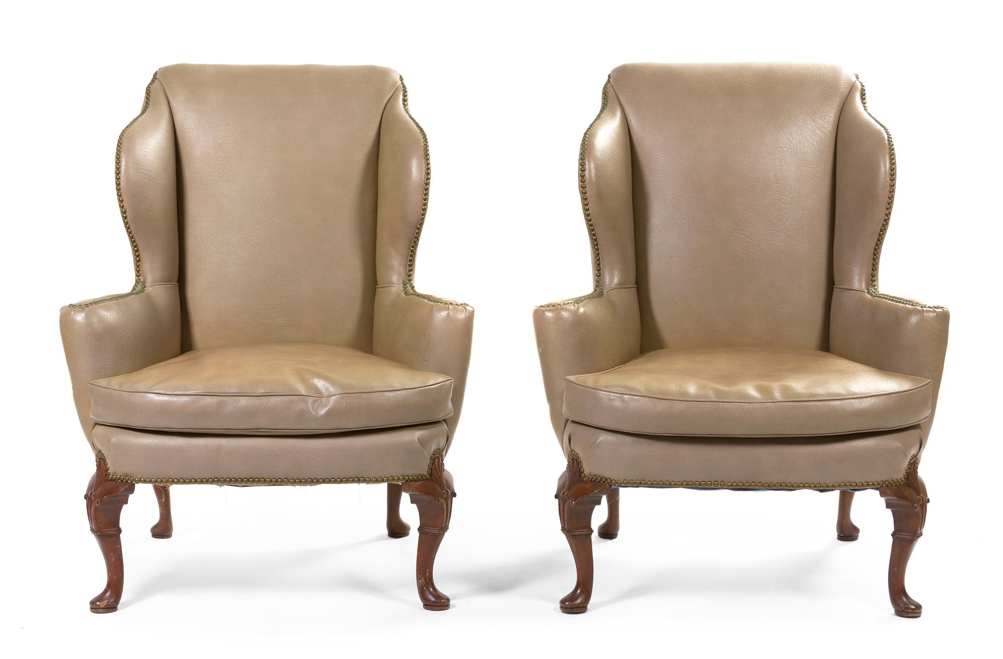 A Pair of George II Style Wing Back Chairs, Height 42 1/2 inches.