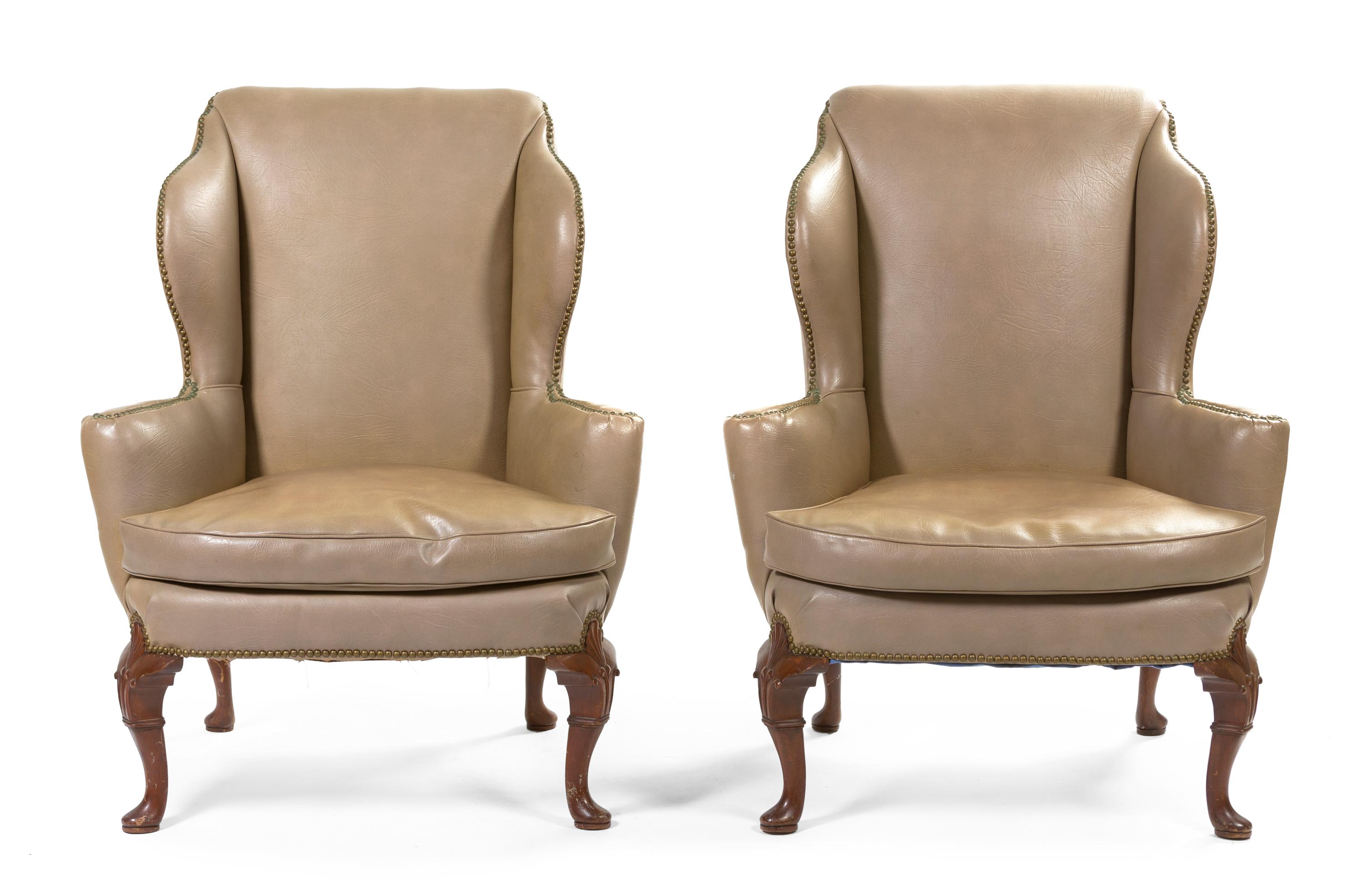 A Pair of George II Style Wing Back Chairs, Height 42 1/2 inches.