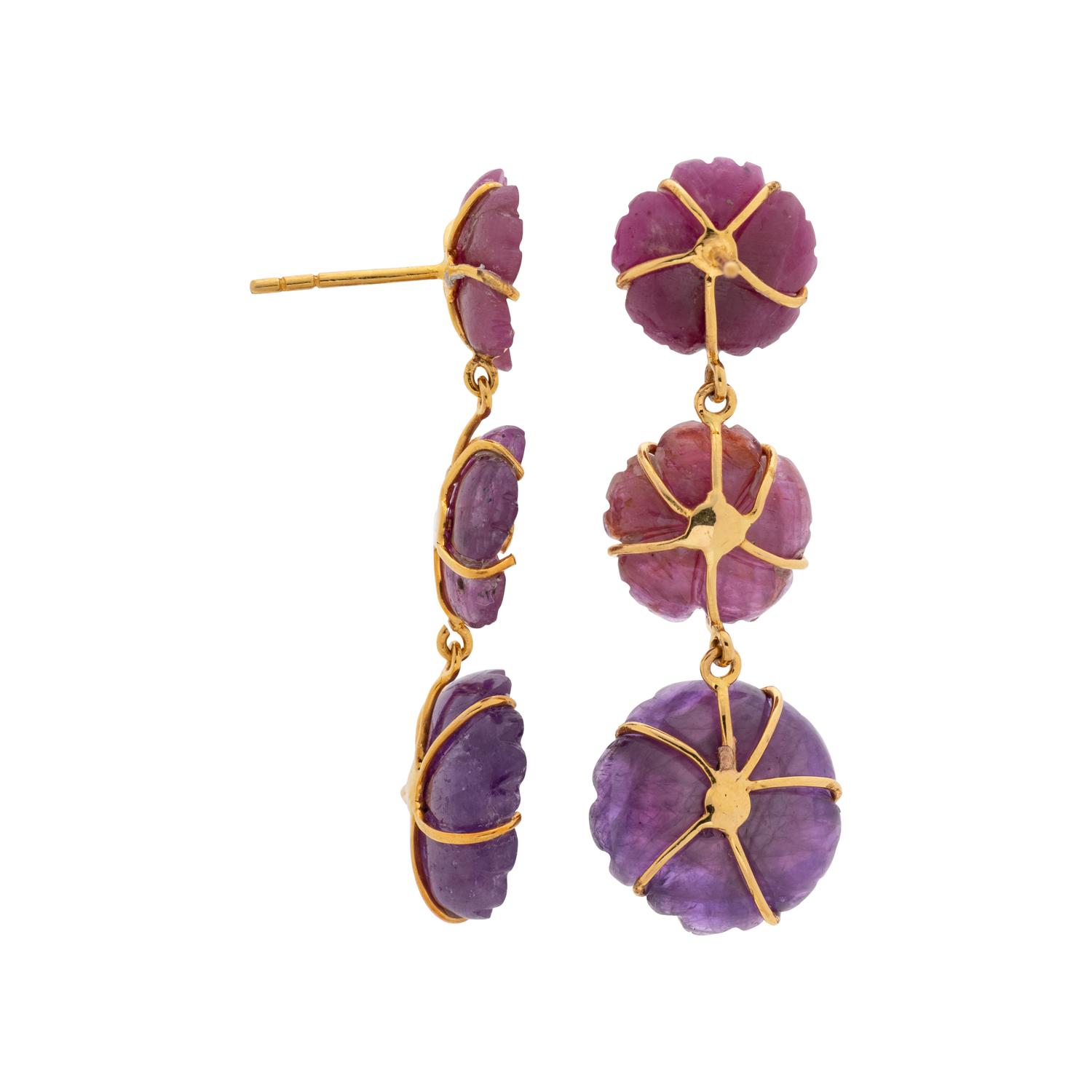 CARVED SAPPHIRE AND DIAMOND FLOWER EARRINGS