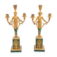 A Pair of Empire Style Gilt Bronze and Malachite Veneered Three-Light Candelabra