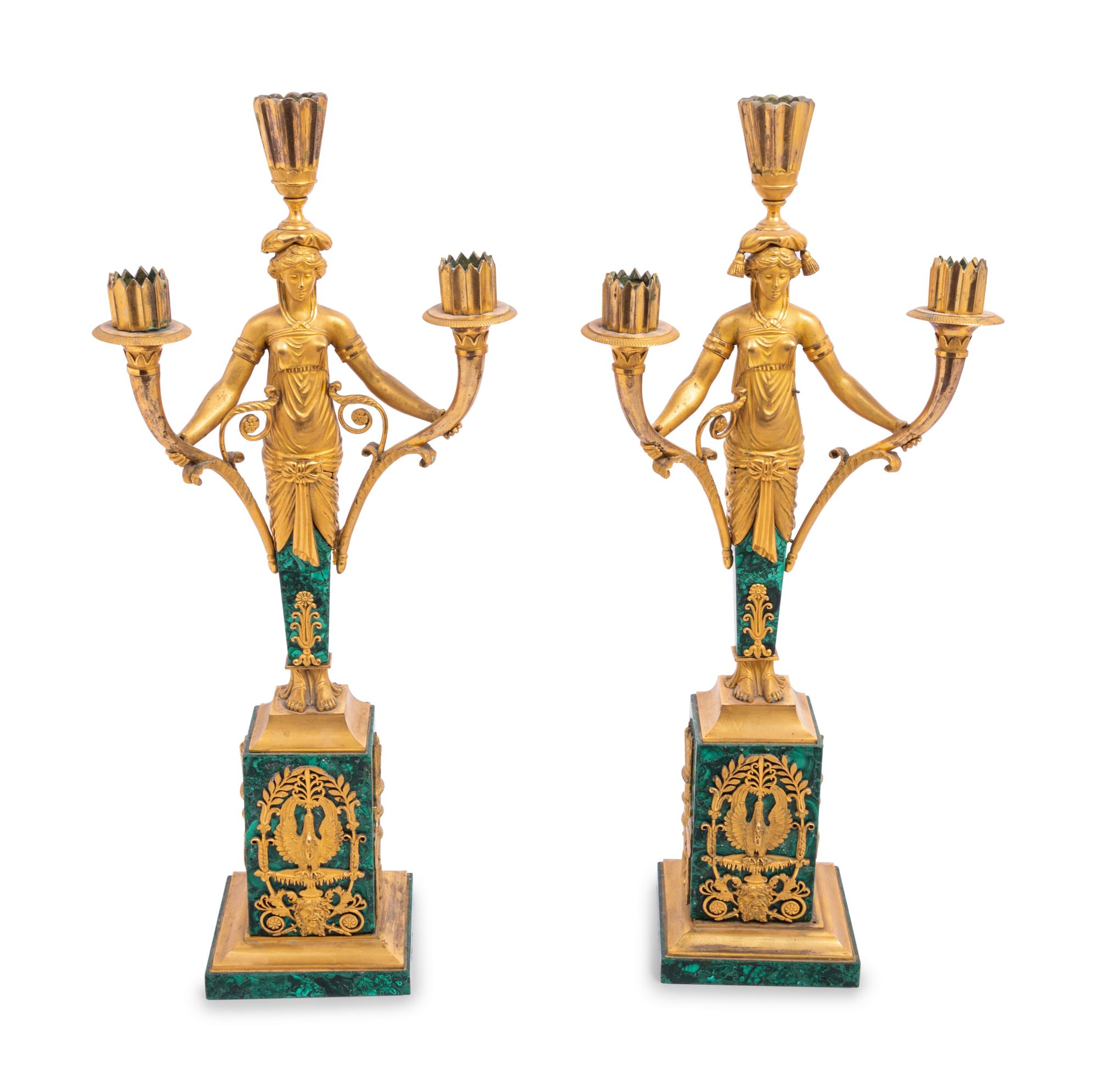 A Pair of Empire Style Gilt Bronze and Malachite Veneered Three-Light Candelabra