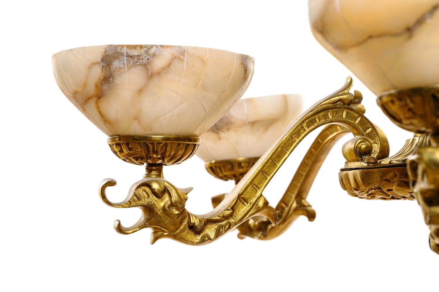 A Pair of Gilt Bronze and Alabaster Six-Light Chandeliers