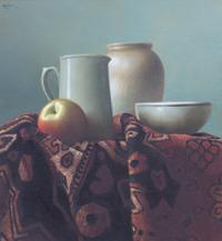 Israel Zohar, (Russian, b. 1946), Table Top Still Life with Apple, Pitcher, Jar and Bowl
