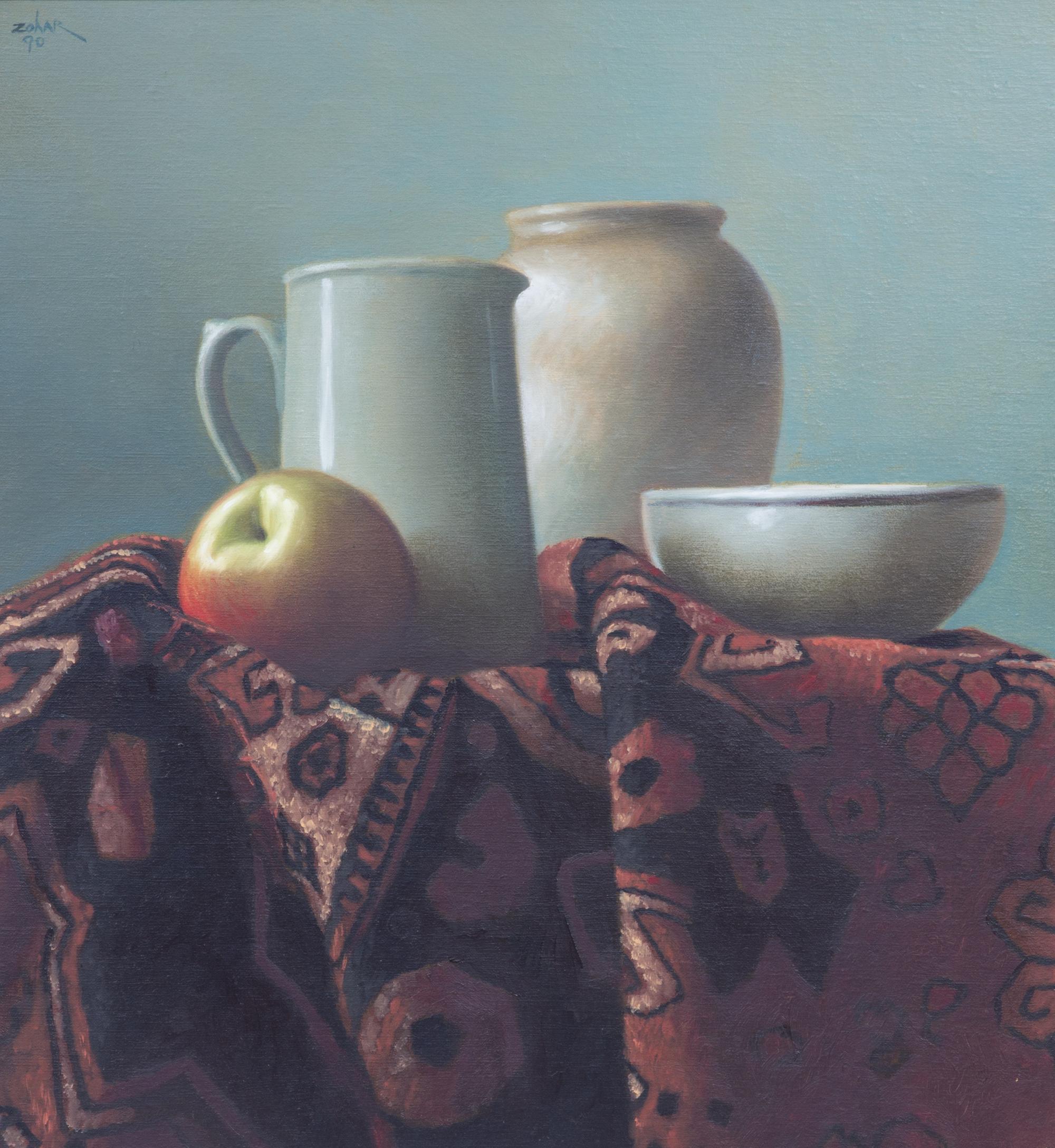 Israel Zohar, (Russian, b. 1946), Table Top Still Life with Apple, Pitcher, Jar and Bowl