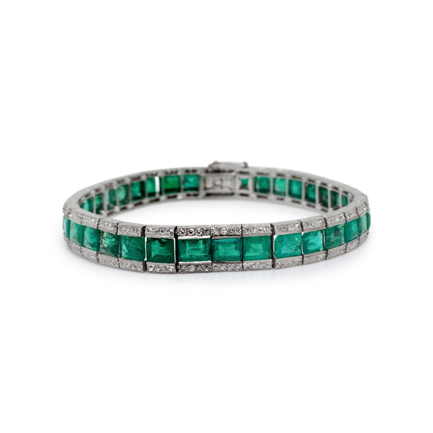 JANESICH, ART DECO, FRENCH, EMERALD AND DIAMOND LINE BRACELET