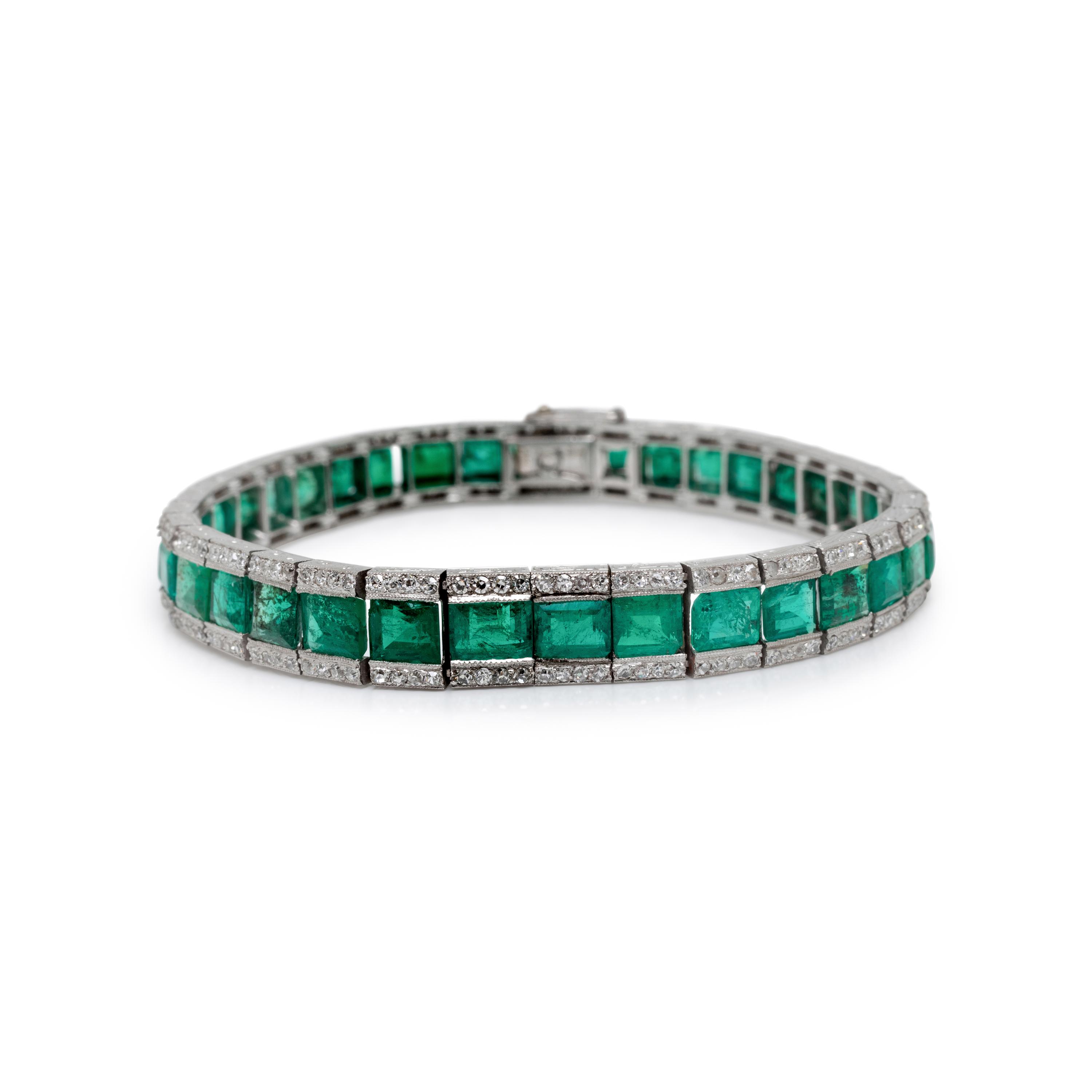 JANESICH, ART DECO, FRENCH, EMERALD AND DIAMOND LINE BRACELET