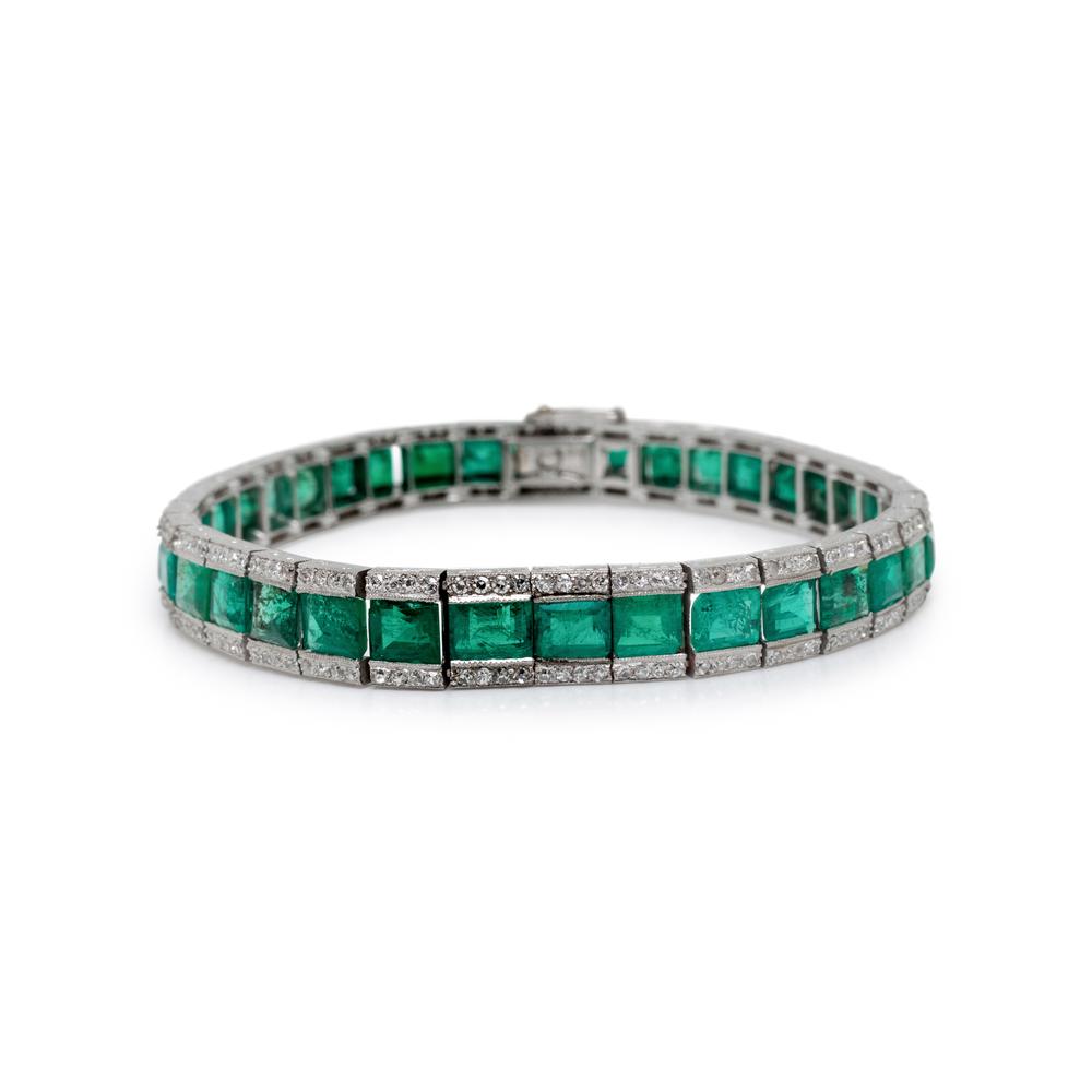 JANESICH, ART DECO, FRENCH, EMERALD AND DIAMOND LINE BRACELET