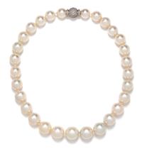A Platinum, Diamond and Graduated Cultured South Sea Pearl Necklace, 96.10 dwts.