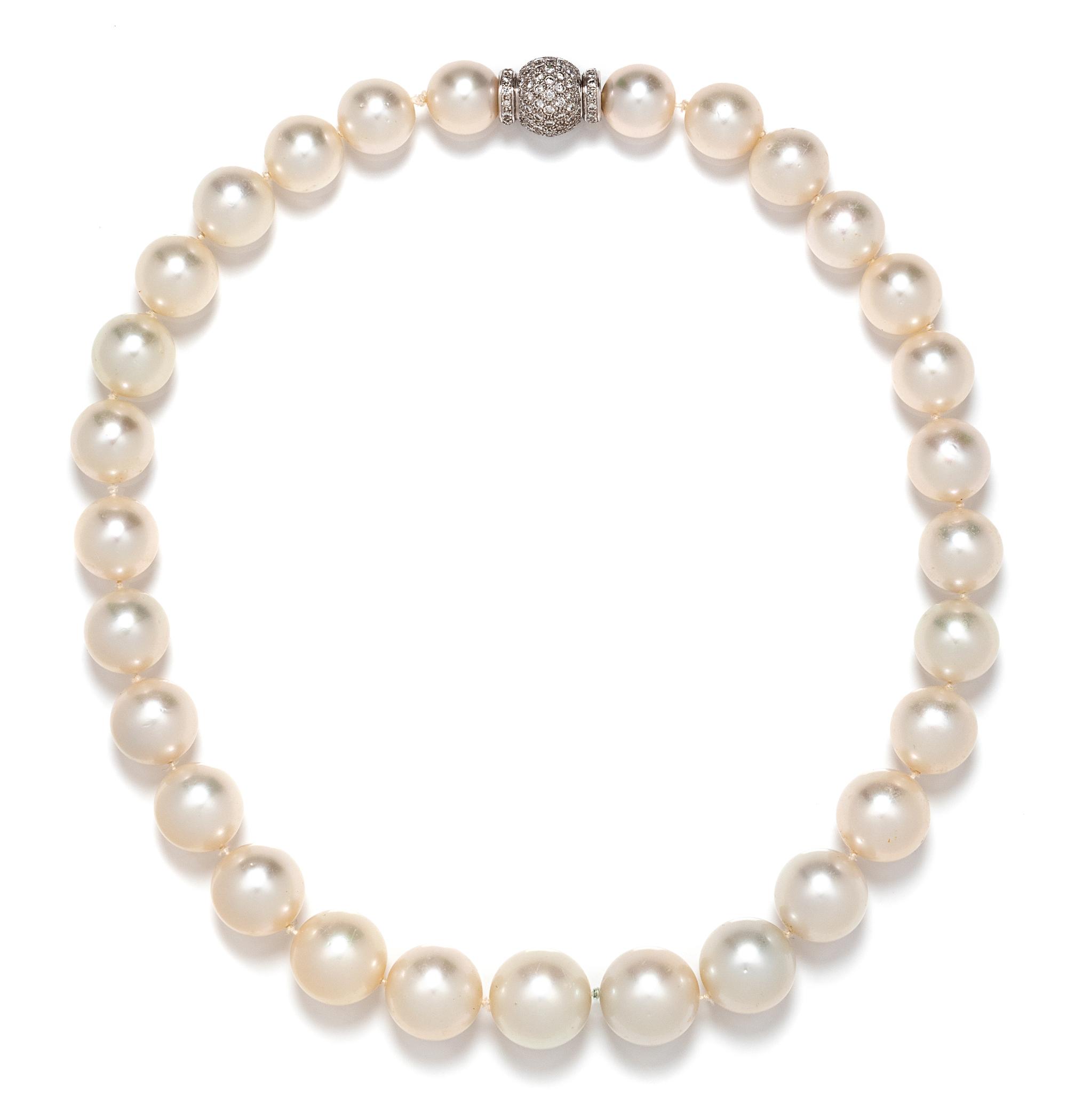 A Platinum, Diamond and Graduated Cultured South Sea Pearl Necklace, 96.10 dwts.
