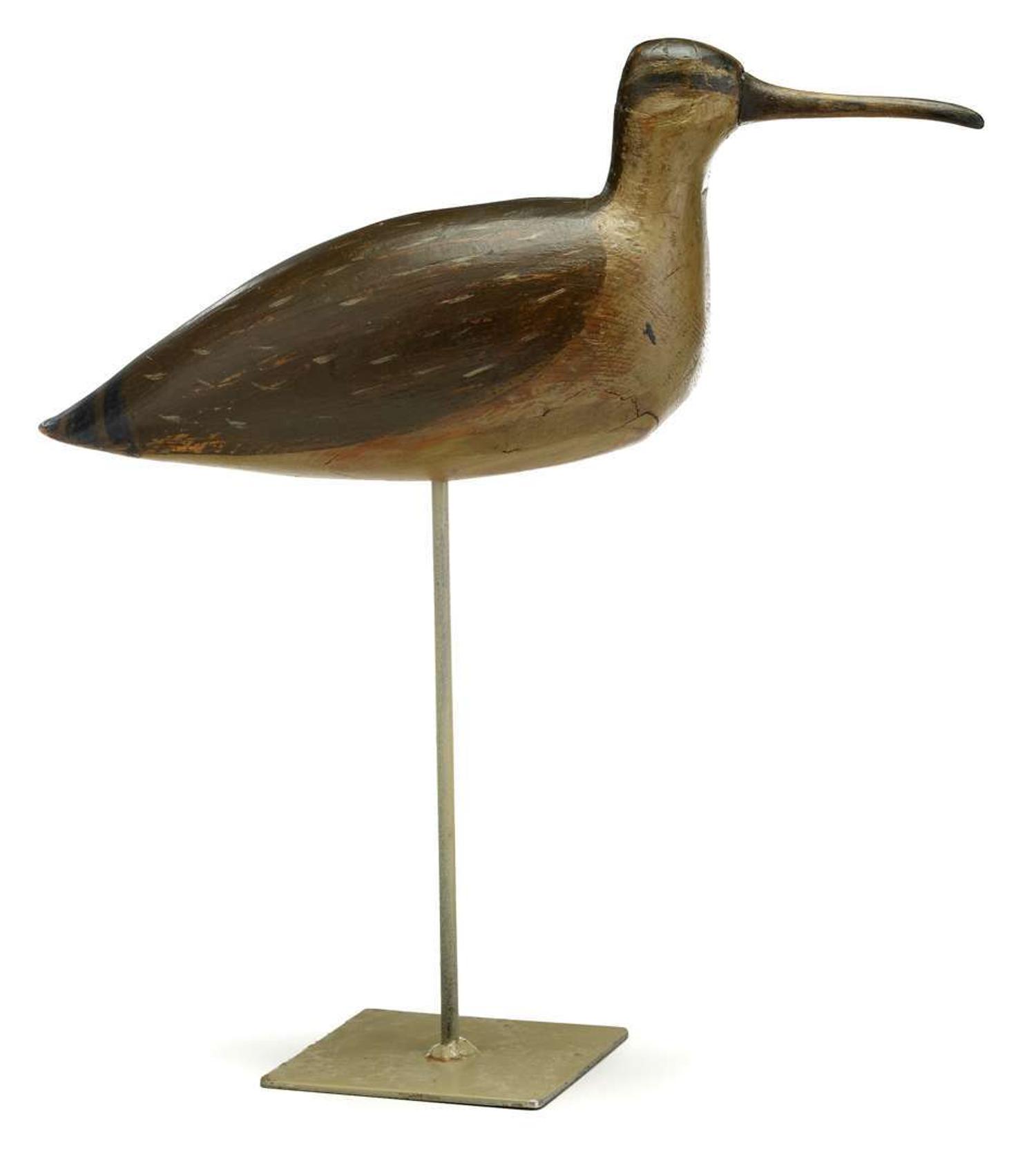 Painted and carved curlew decoy attributed to joe king, manahawkin, nj