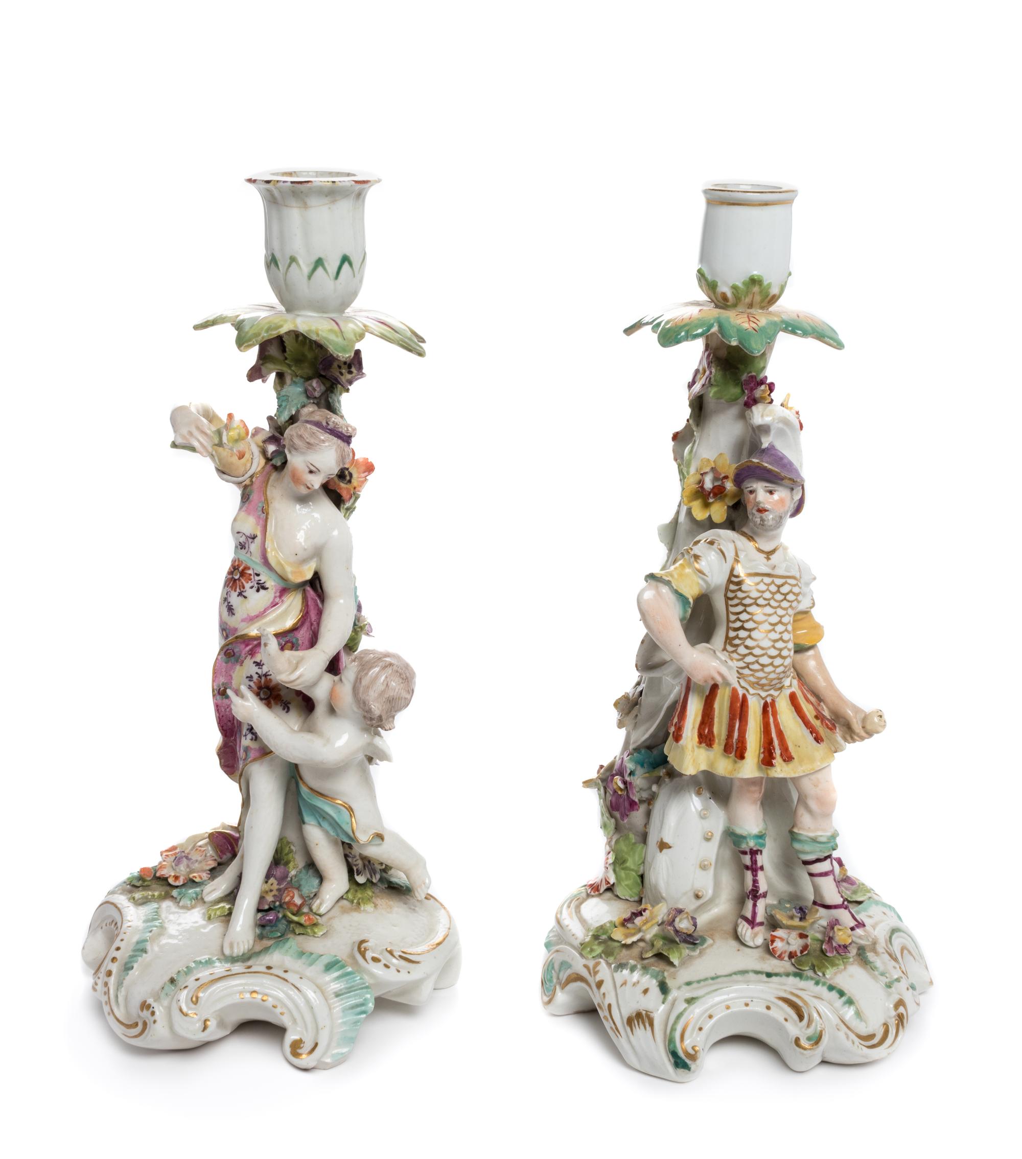 A Pair of Chelsea-Derby Porcelain Figural Candlesticks — 1765-1768