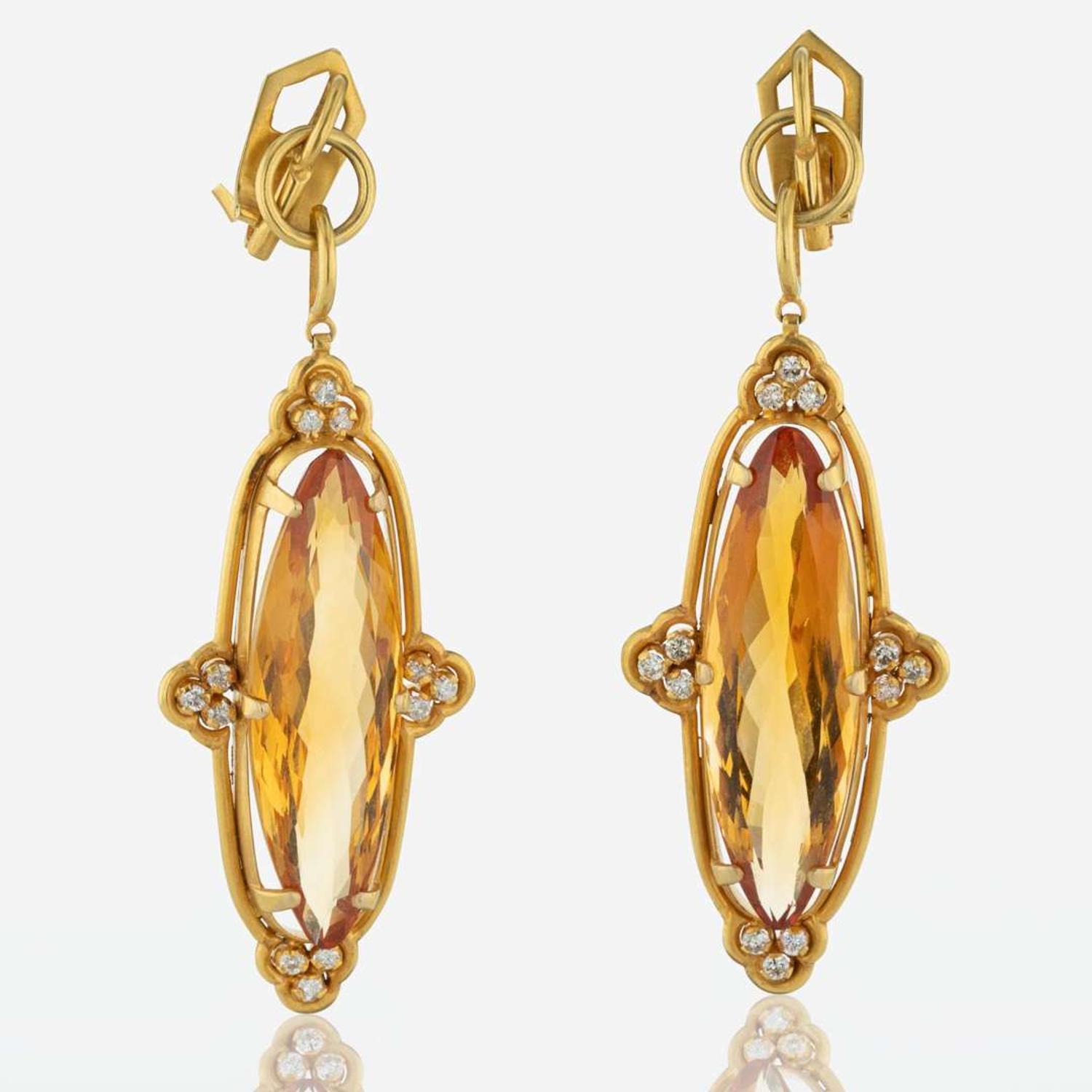 A Pair of Cellini 18K Yellow Gold, Citrine, and Diamond Drop Earrings