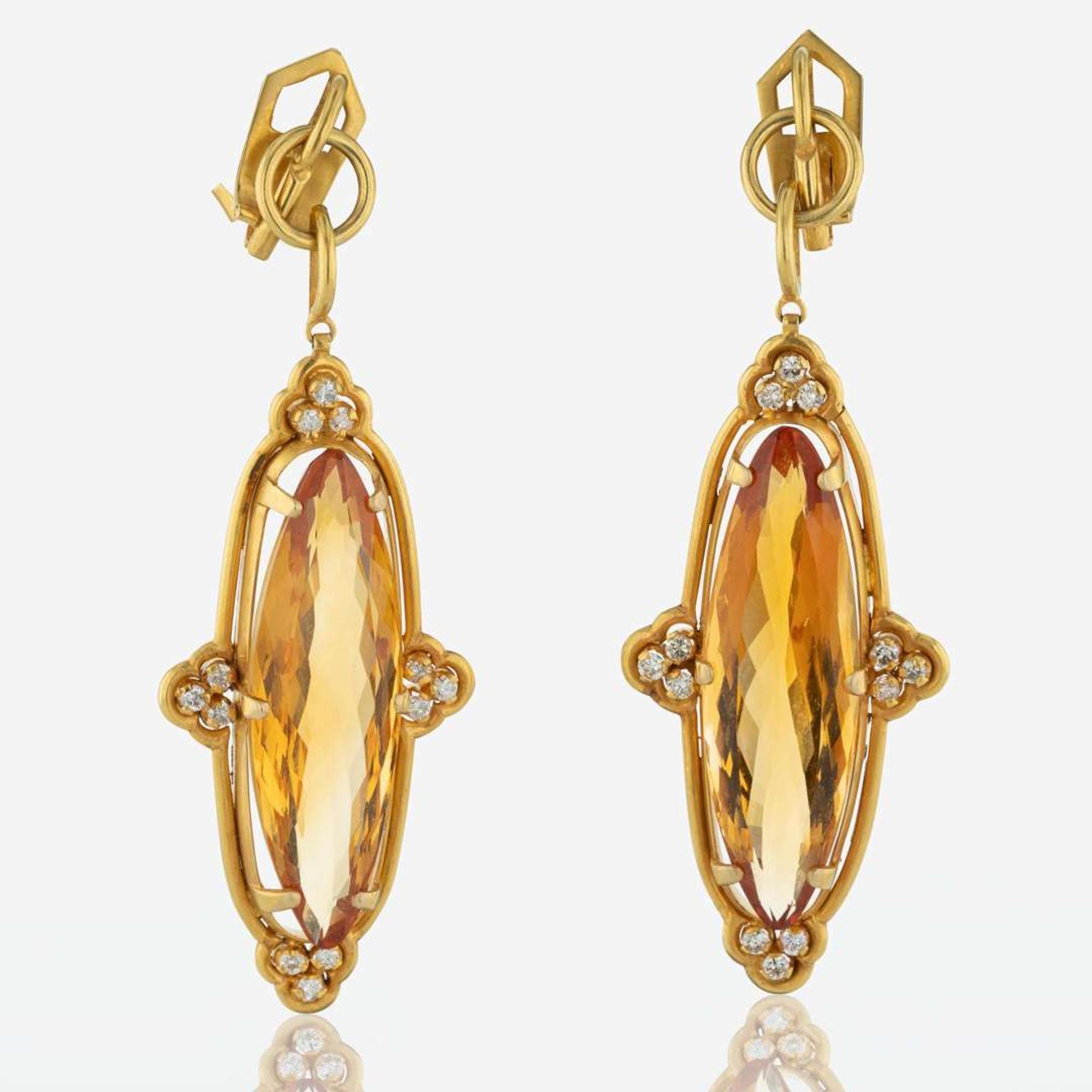 A Pair of Cellini 18K Yellow Gold, Citrine, and Diamond Drop Earrings