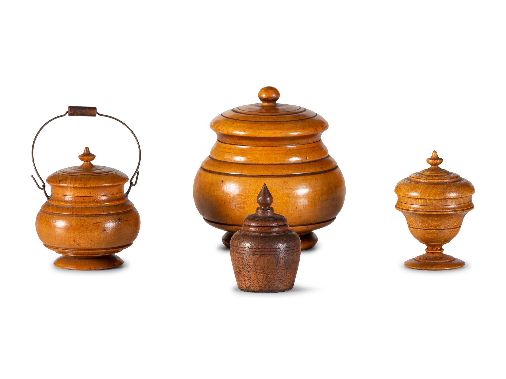 Four Diminutive Treenware Jars and Humidors