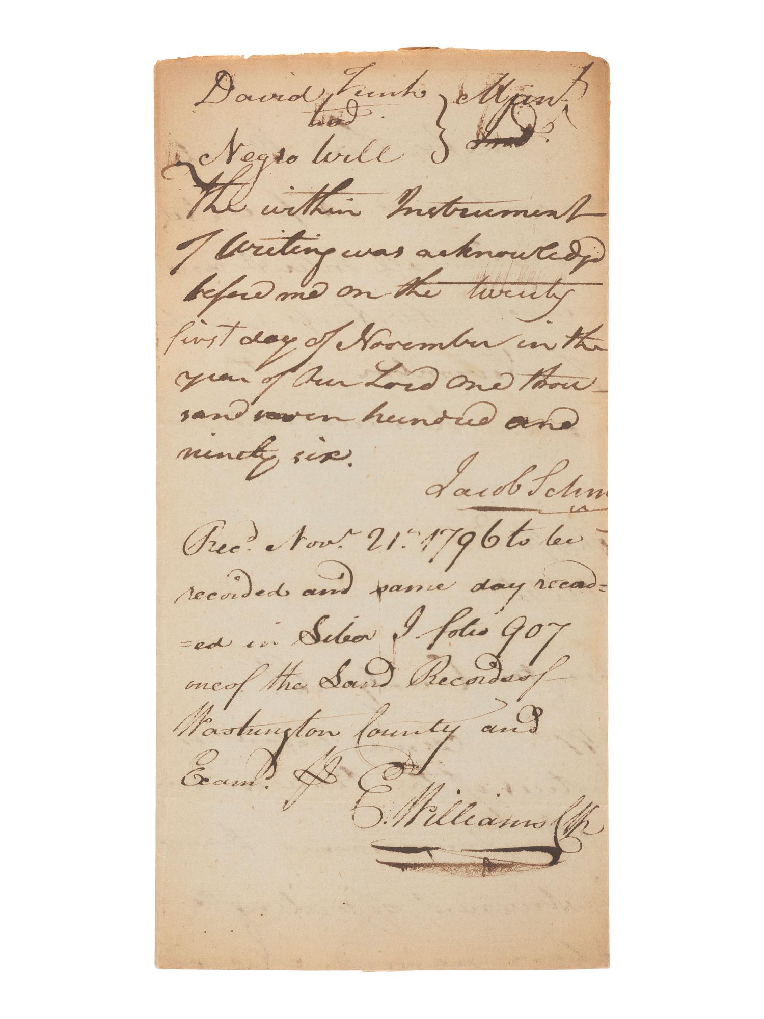 [ENSLAVEMENT & ABOLITION]. Manuscript deed of manumission for an enslaved individual named Will. Washington County, [MD], 21 November 1796.