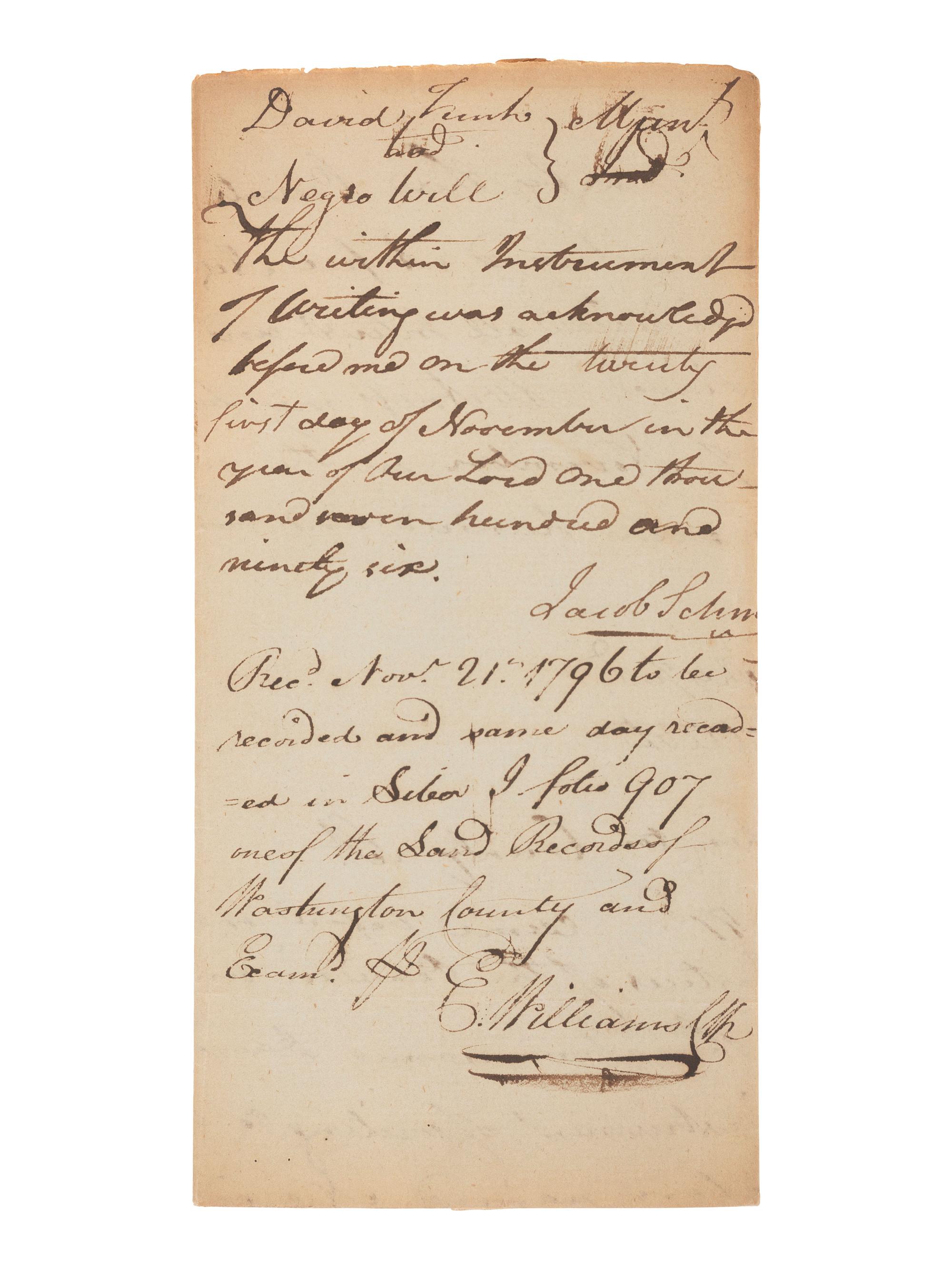 [ENSLAVEMENT & ABOLITION]. Manuscript deed of manumission for an enslaved individual named Will. Washington County, [MD], 21 November 1796.