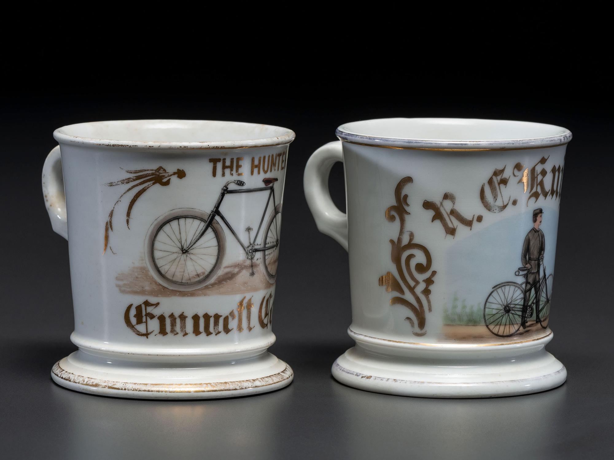 Two Cyclist's Porcelain Shaving Mugs